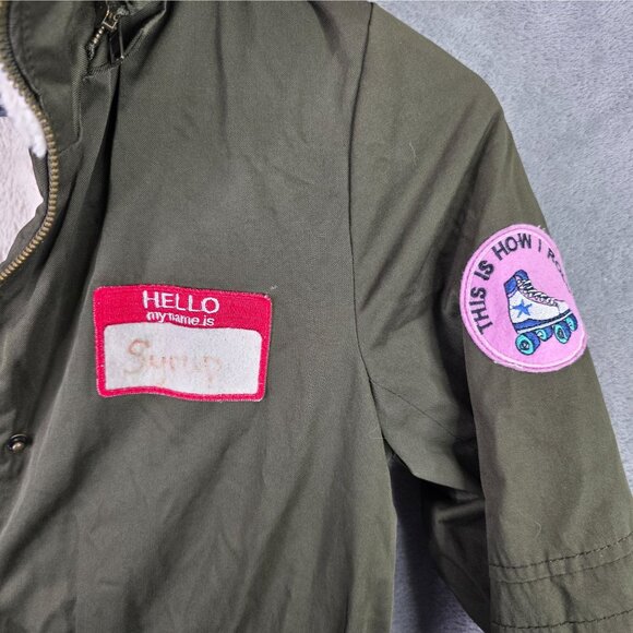Womens Forever 21 Olive Green Hooded Parka Coat W/ Embroidered Patches Size S - Picture 8 of 8